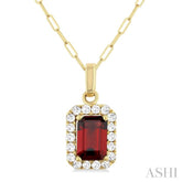 6x4 MM Octagonal Shape Garnet and 1/6 Ctw Round Cut Diamond Halo Semi-Precious Pendant with Chain in 10K Yellow Gold